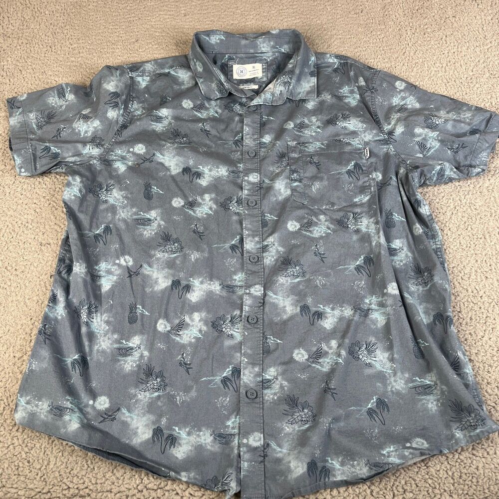 HURLEY  Shirt Men XL Blue Skull Floral Bird Palm Tree Button Pocket Surf Skate